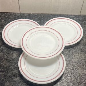 Pyrex tableware by Corning 6-3/4”  Ceramic Side Plates with Red Rim - Set of 4